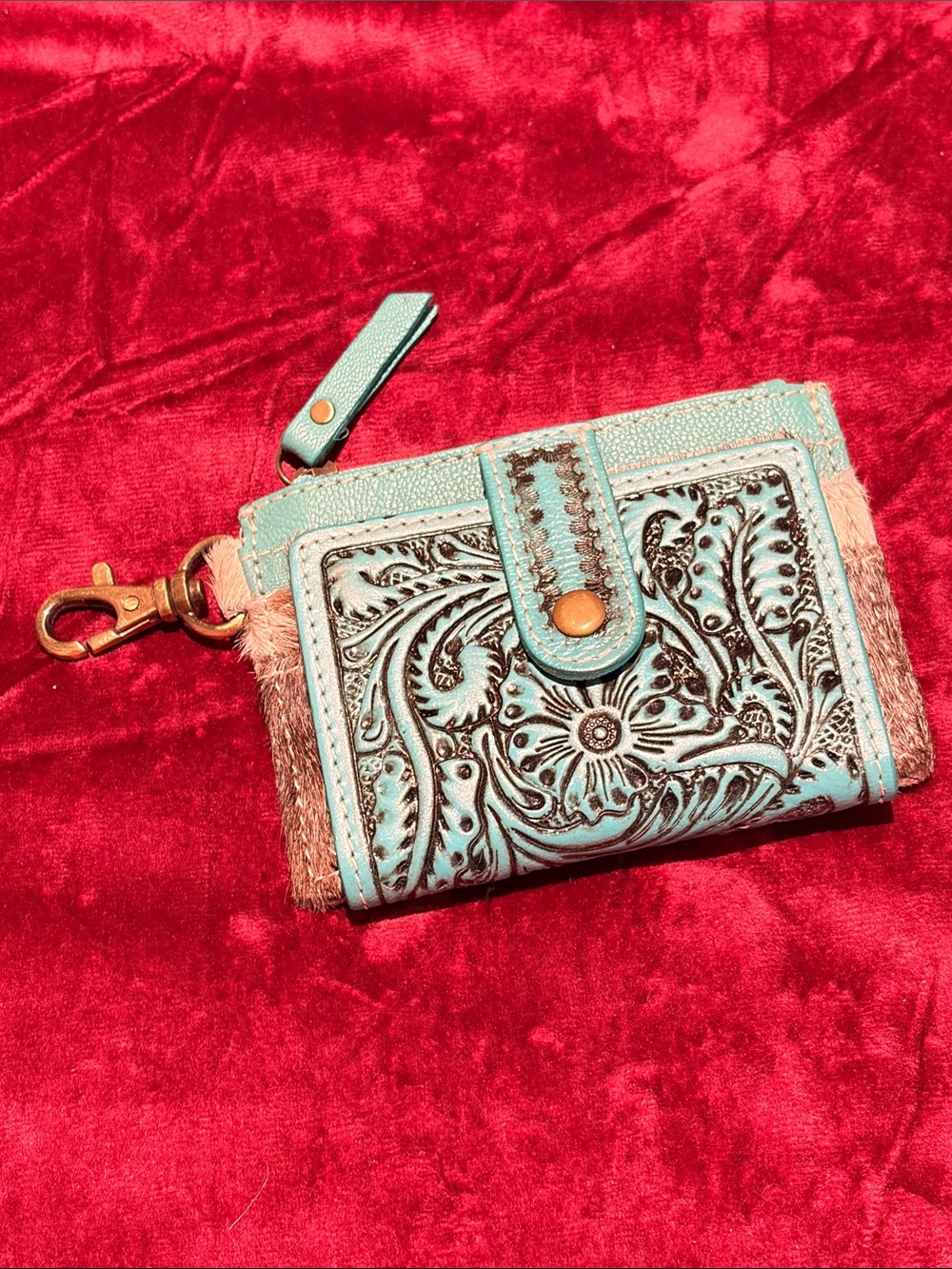 Turquoise Floral Tooled Leather Wallet with Cow Skin